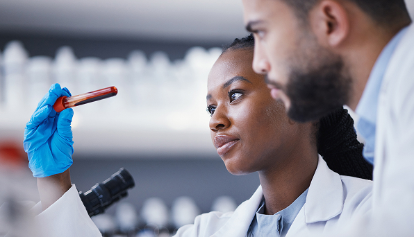 Healthcare providers examining blood sample