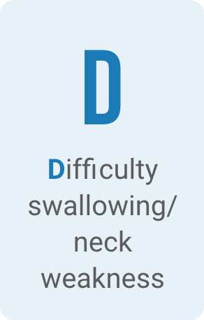 D = Difficulty swallowing/neck weakness